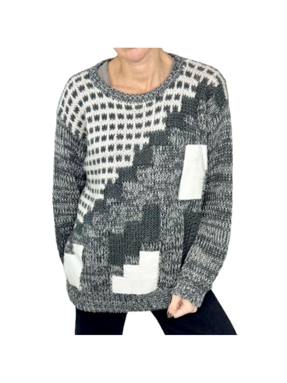 Vintage grey geometric leather applique grandpa sweater S